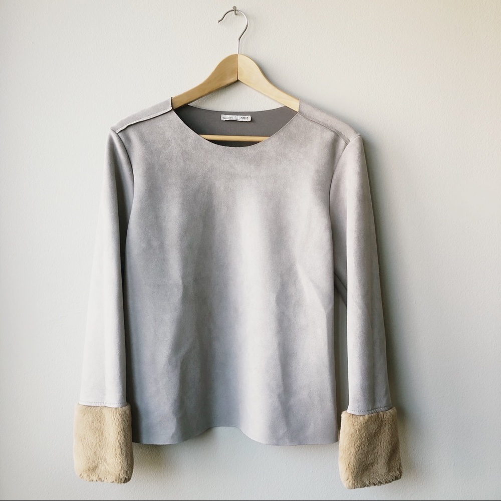 Zara Light Gray Sweatshirt with Beige Faux Fur Cuffs